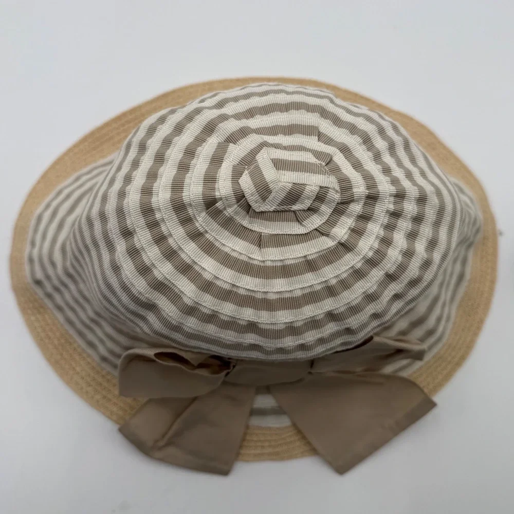 Girls Sun Hat Beige Striped Oversized Bow Character Label 50cm Boutique